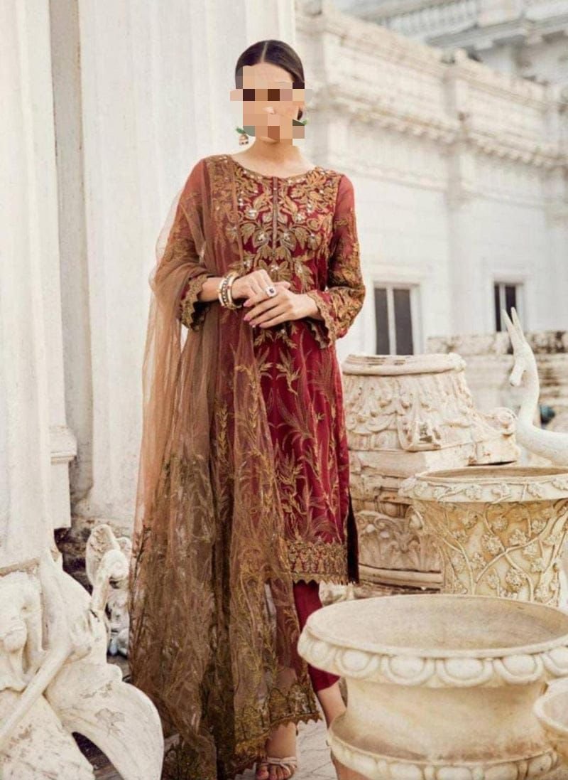 Chiffon suit with heavy net embroidery Dupatta
