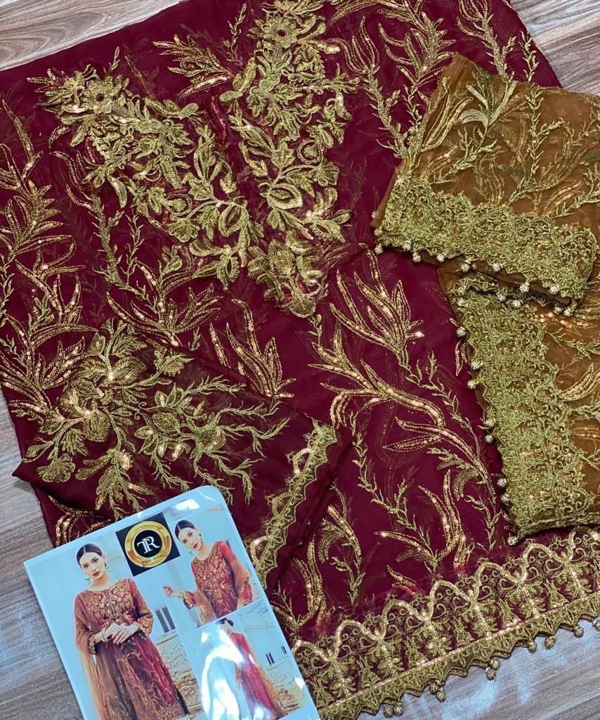 Chiffon suit with heavy net embroidery Dupatta