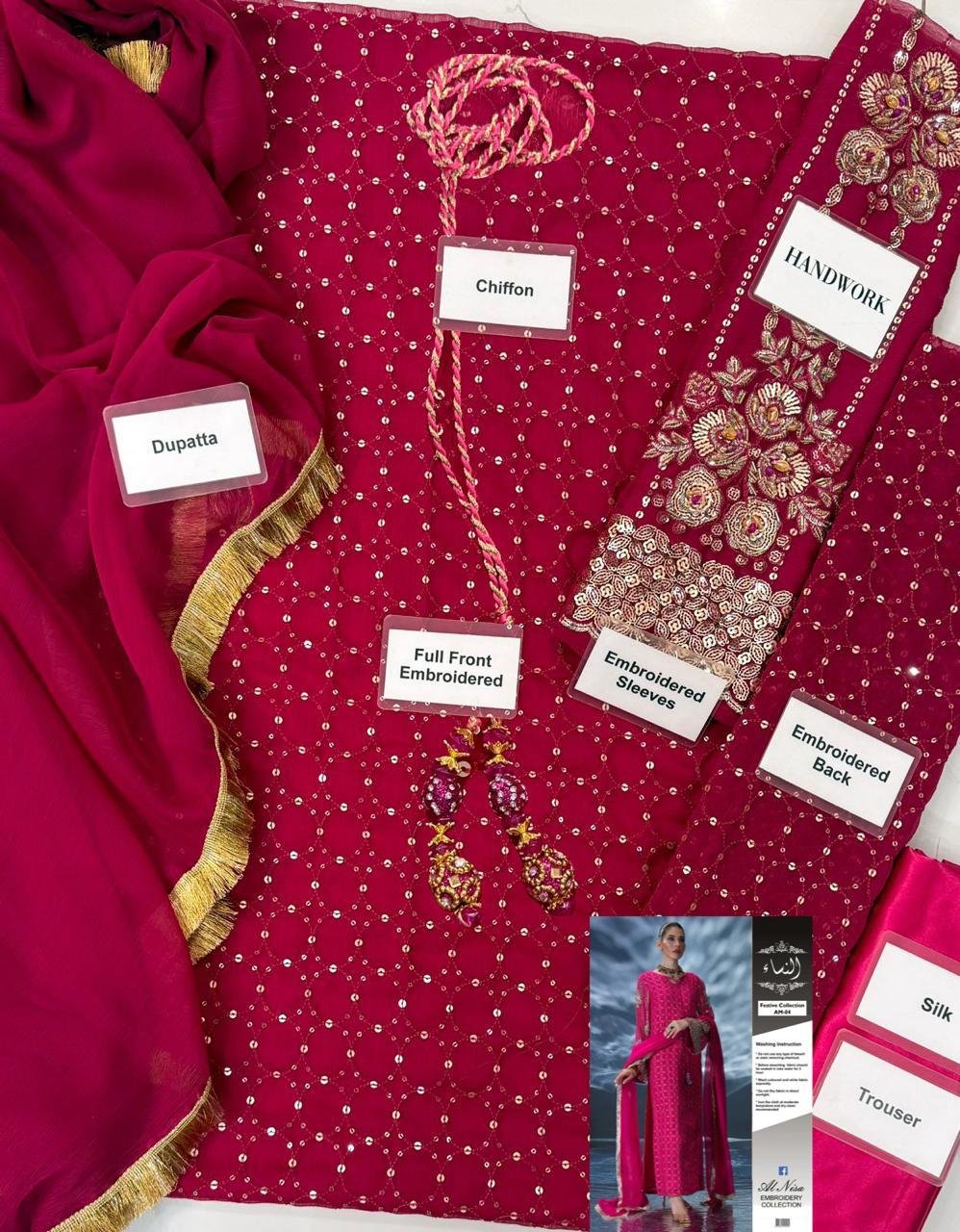 Fabric: Embroidered Chiffon Shirt, Malai Trouser, Chiffon Dupatta