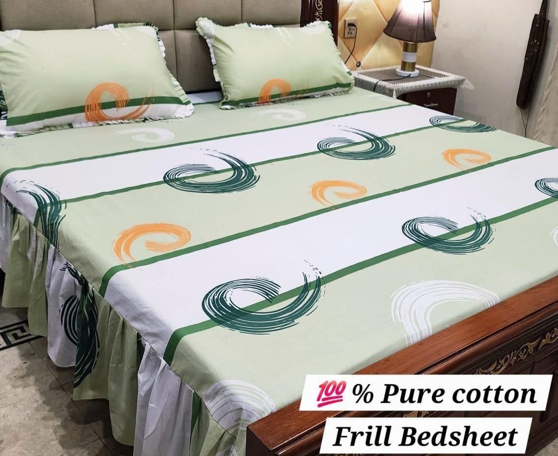 3 piece stiched 2 sided frill bedsheets*