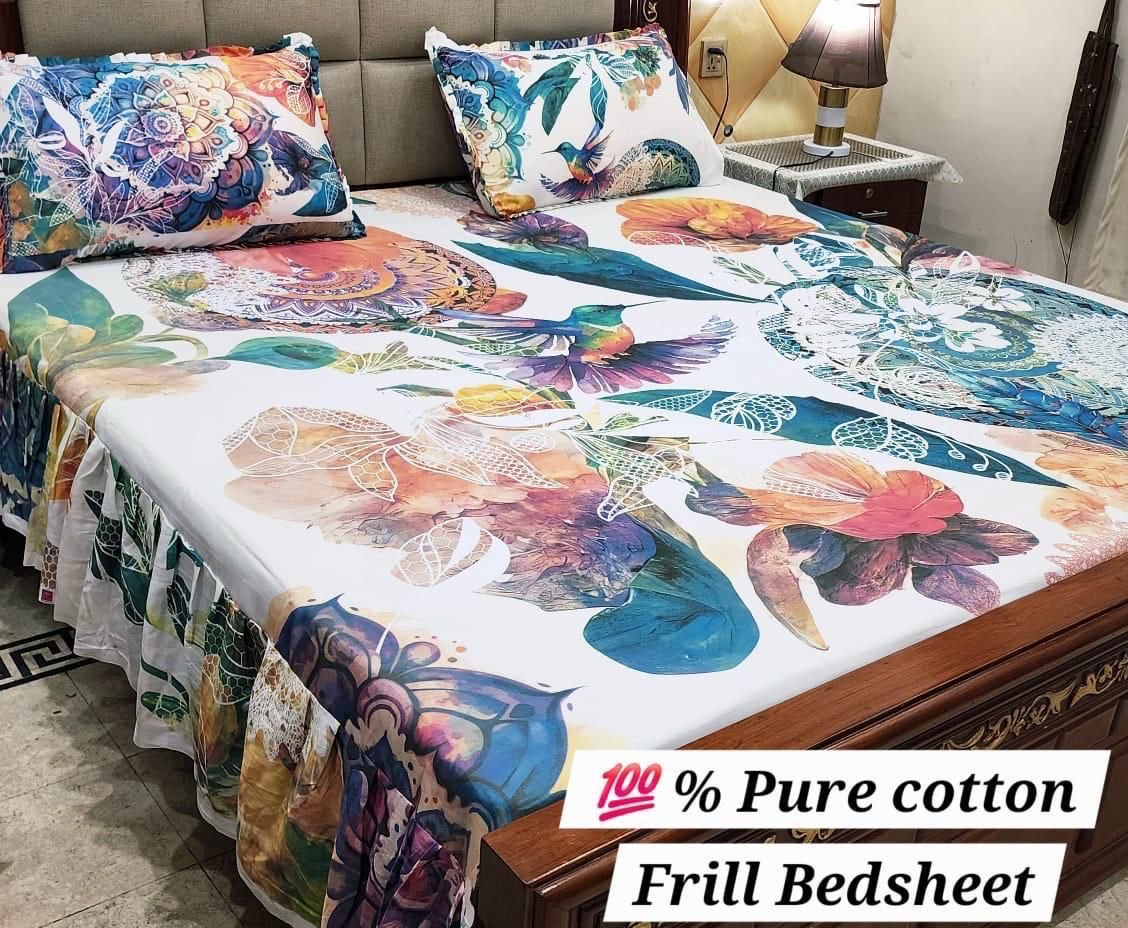 3 piece stiched 2 sided frill bedsheets*