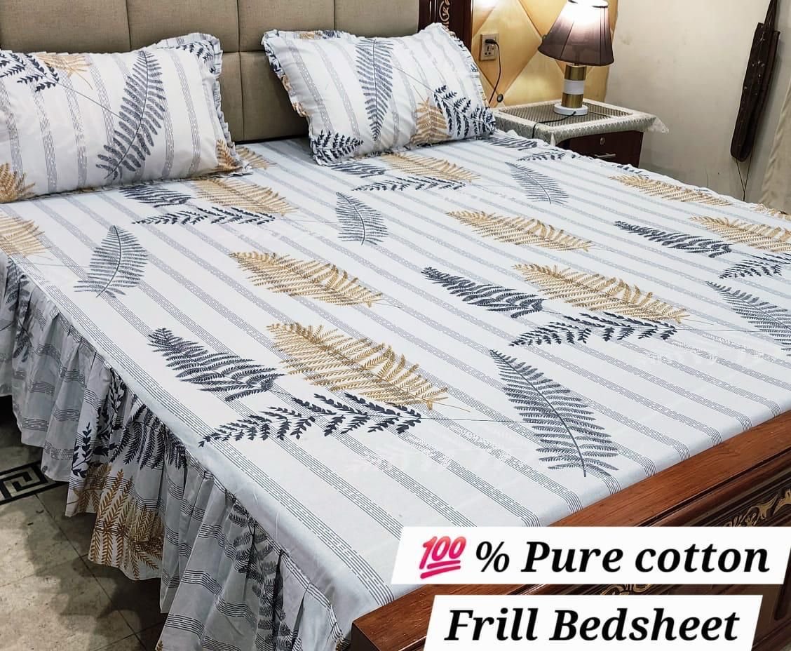 3 piece stiched 2 sided frill bedsheets*