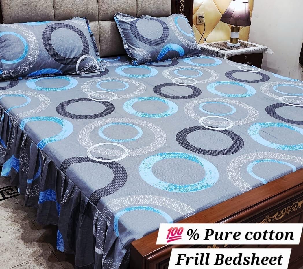 3 piece stiched 2 sided frill bedsheets*