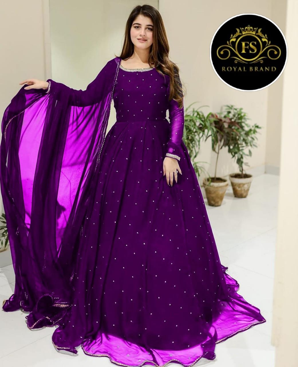 Front And Back Pearls With Lace Work Long Flare Maxi With dupatta 3pcs