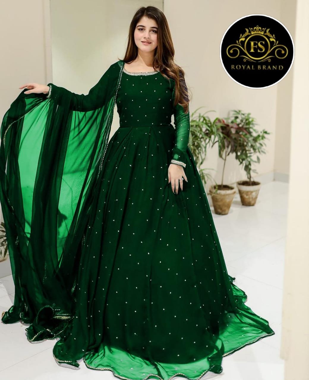 Front And Back Pearls With Lace Work Long Flare Maxi With dupatta 3pcs