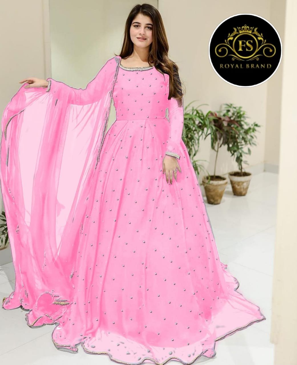 Front And Back Pearls With Lace Work Long Flare Maxi With dupatta 3pcs