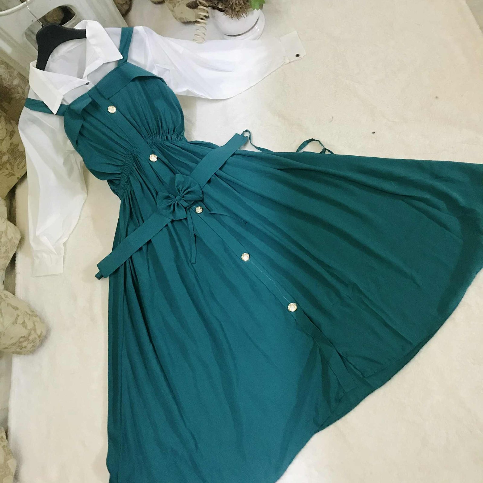 Imported plane Romper Maxi With Imported Plain Front open Shirt (white Color)